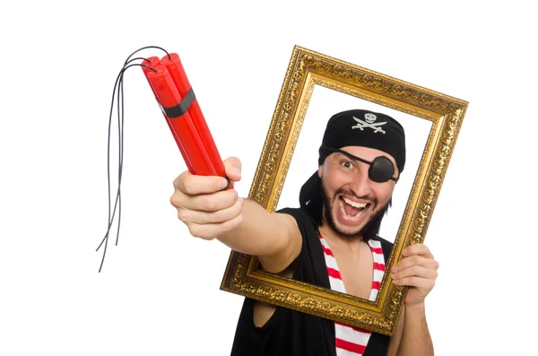 Homem pirata com explosivos e moldura — Fotografia de Stock