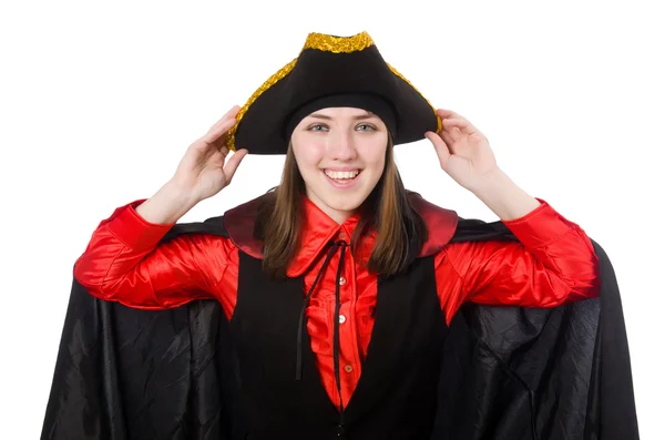 Pirata donna in cappotto nero isolato su bianco — Foto Stock