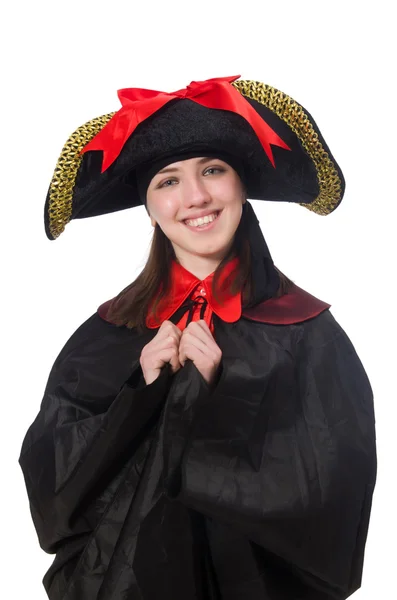 Pirate femelle en manteau noir isolé sur blanc — Photo