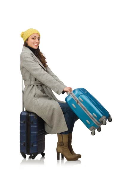 Woman with suitcase ready for winter vacation — Stock Photo, Image