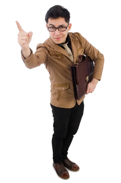 Hombre joven con maletín marrón aislado en blanco — Foto de Stock