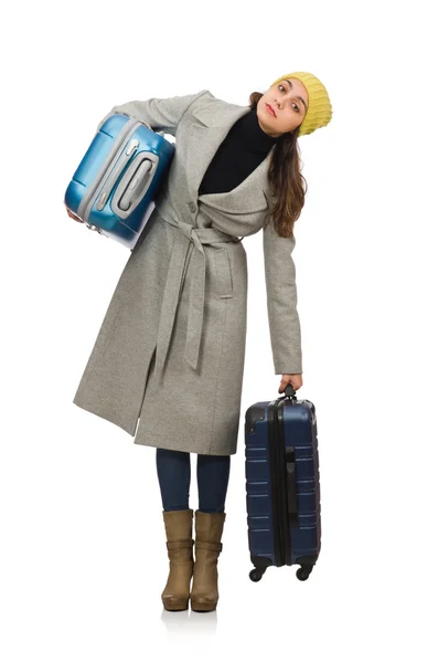 Mulher com mala pronta para férias de inverno — Fotografia de Stock