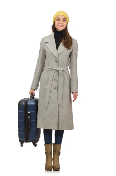Женщина с чемоданом готова к зимним каникулам — стоковое фото