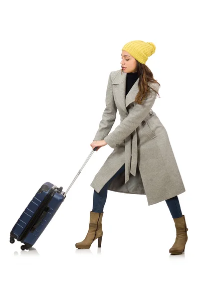 Woman with suitcase ready for winter vacation — Stock Photo, Image