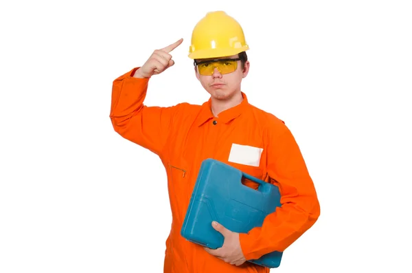 Man in orange coveralls isolated on white — Stock Photo, Image