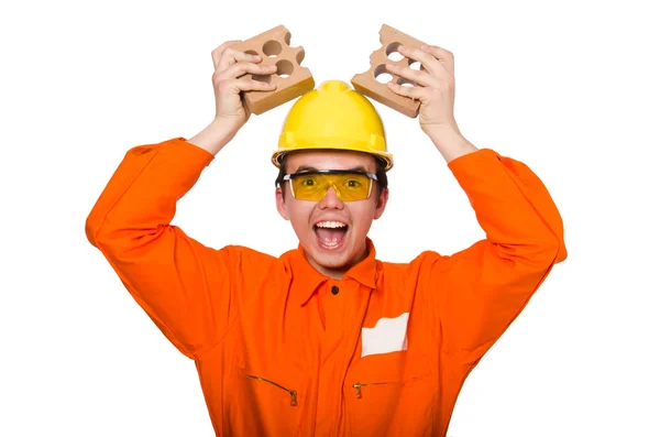 Hombre en mono naranja aislado en blanco — Foto de Stock