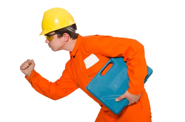 Man in oranje overall geïsoleerd op wit — Stockfoto