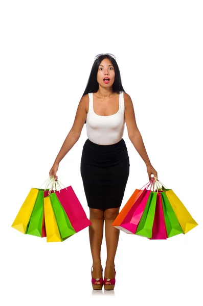 Mujer con bolsas de compras en blanco — Foto de Stock