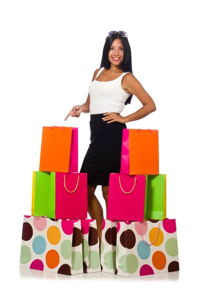 Woman with shopping bags on white — Stock Photo, Image