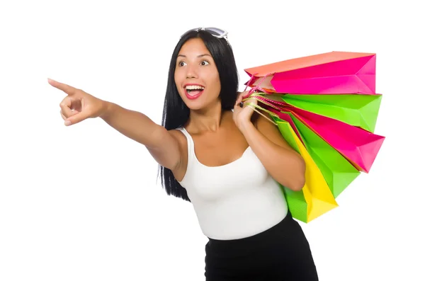 Donna con shopping bag su bianco — Foto Stock