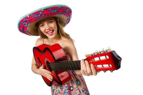 Mulher em conceito musical com guitarra em branco — Fotografia de Stock