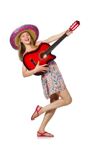 Vrouw in muzikaal concept met gitaar op wit — Stockfoto