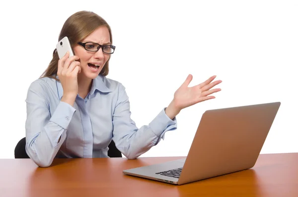 Office medarbetare med laptop och telefon isolerad på vit — Stockfoto