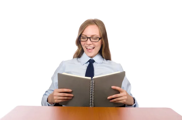 Funcionário de escritório na mesa de trabalho isolado em branco — Fotografia de Stock