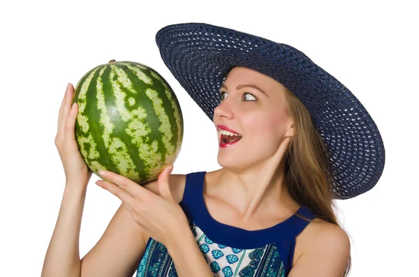 Woman with watermelon isolated on white — Stock Photo, Image