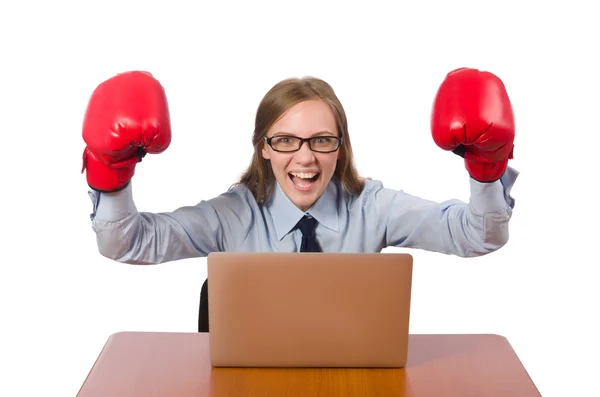 Employé de bureau au travail portant des gants de boîte isolés sur blanc — Photo