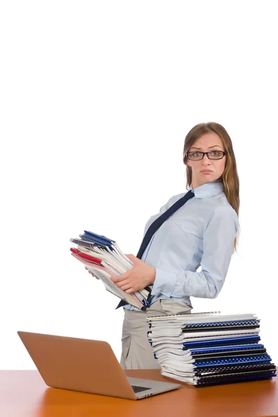 Kantoormedewerker aan werktafel geïsoleerd op wit — Stockfoto