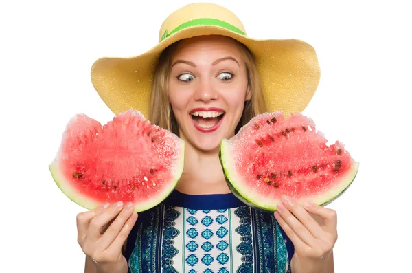 Woman with watermelon isolated on white — Stock Photo, Image