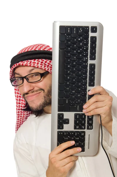 Arabische zakenman met computer op wit — Stockfoto