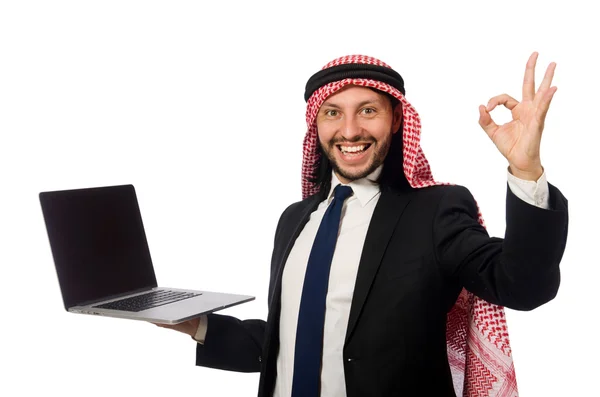 Hombre de negocios árabe con computadora en blanco —  Fotos de Stock