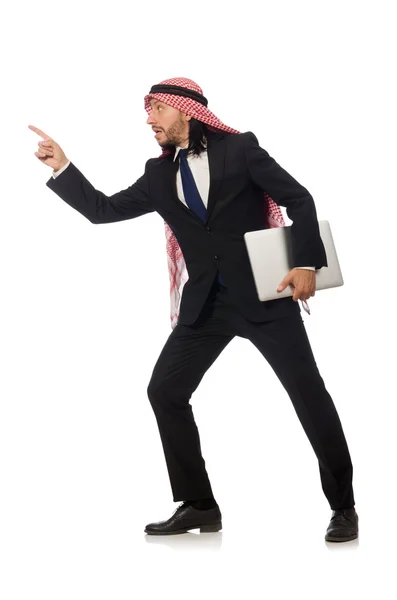 Hombre de negocios árabe con computadora en blanco — Foto de Stock