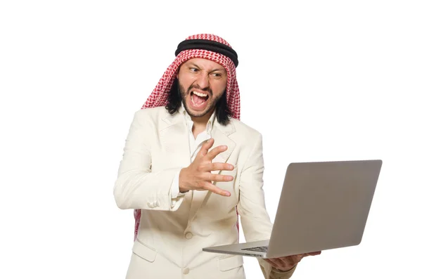 Arabische zakenman met computer op wit — Stockfoto