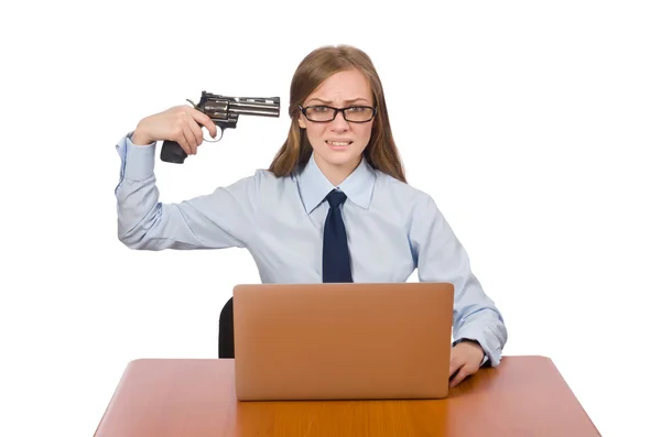 Office employee wth handgun isolated on white Royalty Free Stock Images