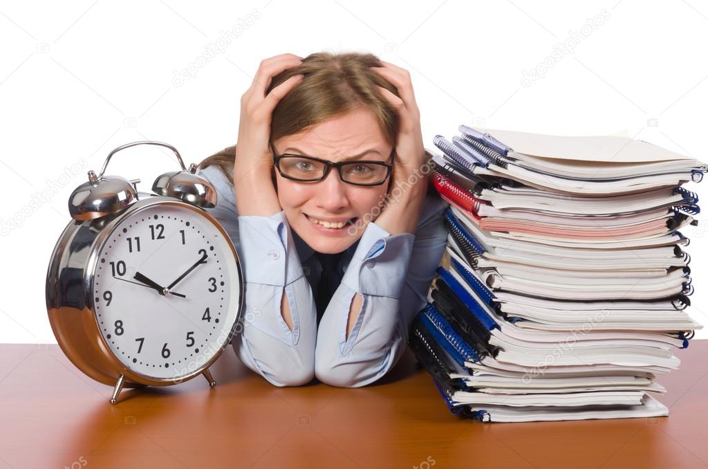 Office employee at work table with documents isolated on white