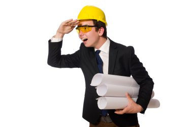 Beyaz üzerine çizimler yapan komik bir mimar.