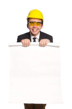 Beyaz üzerine çizimler yapan komik bir mimar.