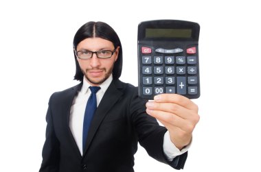 Hesap makinesi olan adam beyazda izole edildi