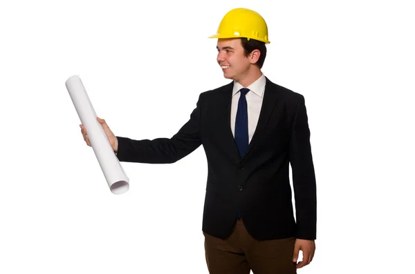 Funny architect with drawings on white — Stock Photo, Image