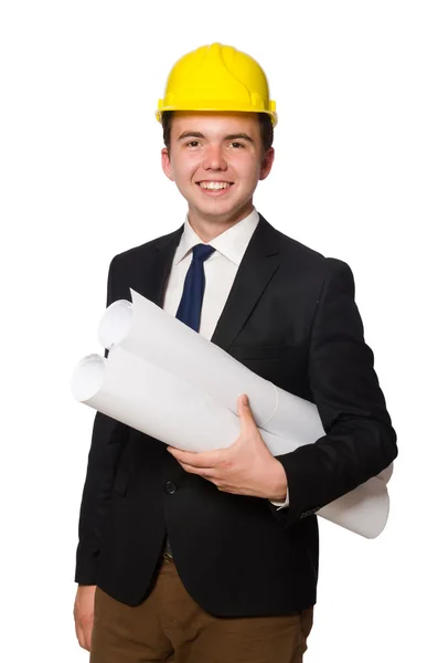 Funny architect with drawings on white — Stock Photo, Image