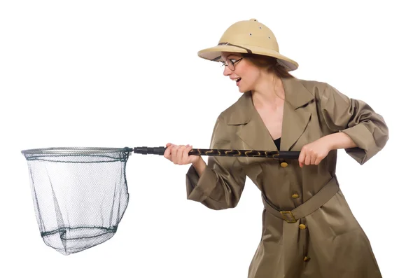 Woman wearing safari hat on white — Stock Photo, Image