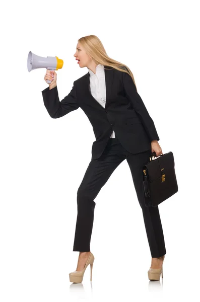 Woman shouting through loudspeaker isolated on white — Stock Photo, Image