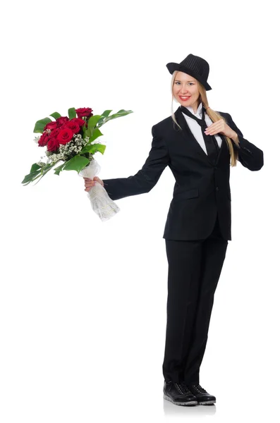 Woman with bunch of roses isolated on white — Stock Photo, Image