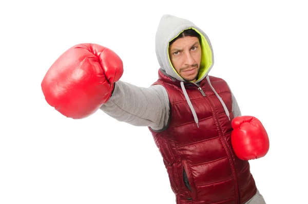 Homem usando luvas de boxe isolado no branco — Fotografia de Stock