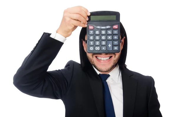 Homme avec calculatrice isolé sur blanc — Photo