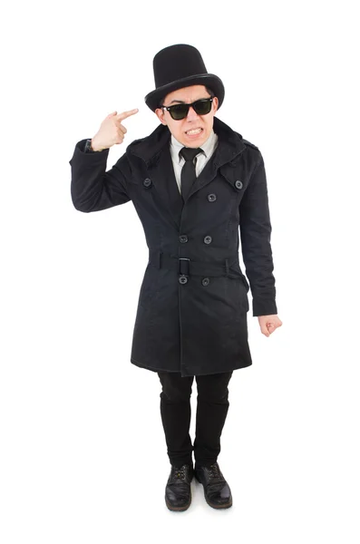 Giovane detective in cappotto nero isolato su bianco — Foto Stock