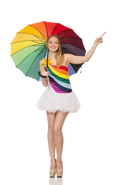 Mulher com guarda-chuva colorido no branco — Fotografia de Stock