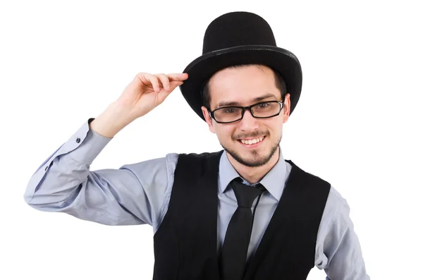 Młody człowiek w kapeluszu odizolowany na biało — Zdjęcie stockowe