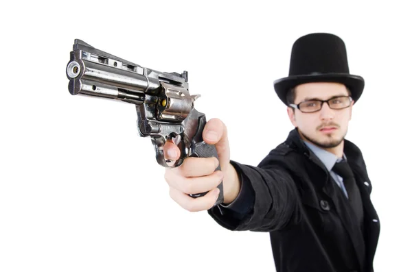 Siyah ceketli genç bir dedektif beyaz bir tabanca tutuyor. — Stok fotoğraf