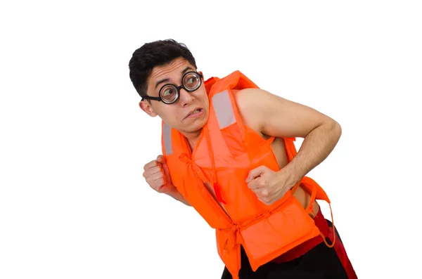 Grappige man draagt oranje veiligheidsvest — Stockfoto