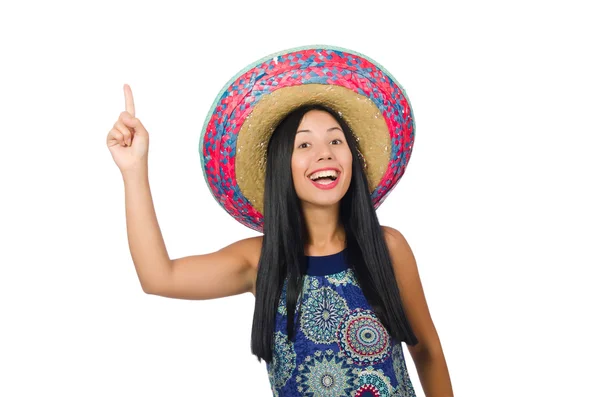 Ung attraktiv kvinna bär sombrero på vitt — Stockfoto