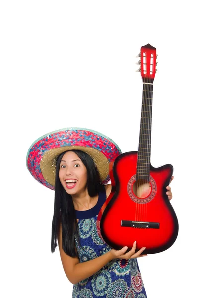 Jovem mulher atraente vestindo sombrero no branco — Fotografia de Stock