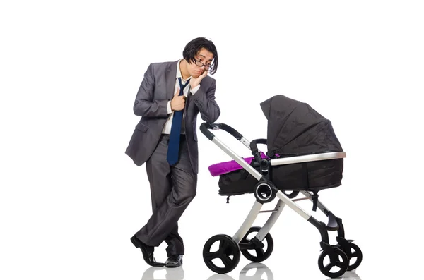 Funny dad with baby and pram on white — Stock Photo, Image