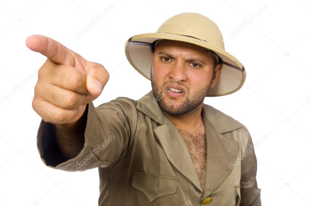 Man in safari hat isolated on white