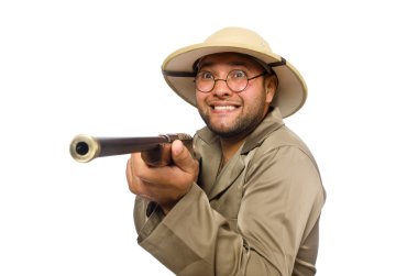 Safari avcısı beyazda izole edilmiş