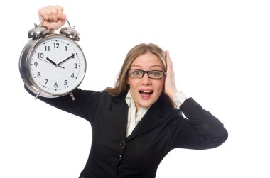 Güzel ofis çalışanı ile çalar saat üzerinde beyaz izole