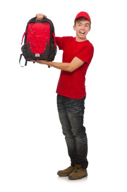 Sırt çantalı genç gezgin beyaza izole edilmiş.